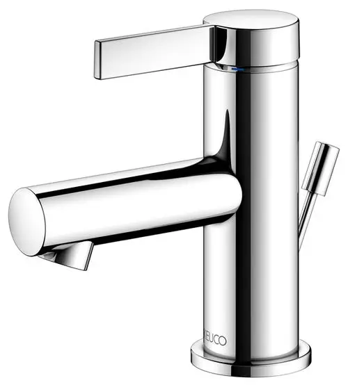 Chromfarbener Keuco Wasserhahn mit einem modernen Design. Er verfügt über einen seitlichen Hebel und einen Auslauf, der eine zusätzliche Funktion integriert.
